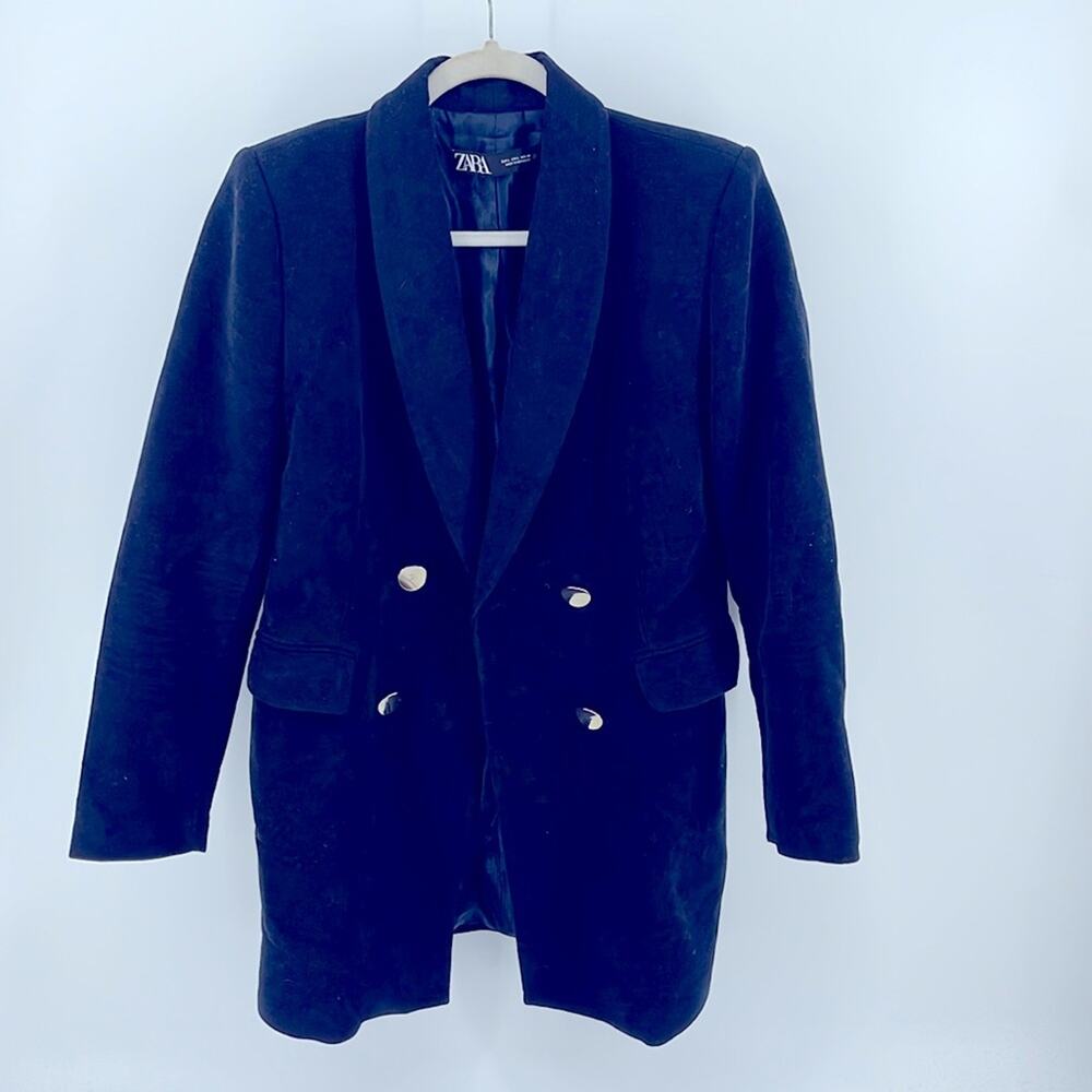 Zara long line double breasted velvet feel blazer jacket sz L